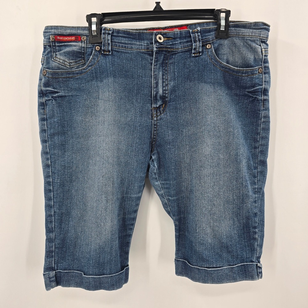 Richcow Jeans Womens Size 16 Blue Denim Bermuda Shorts Embroidered Cuffed Hem